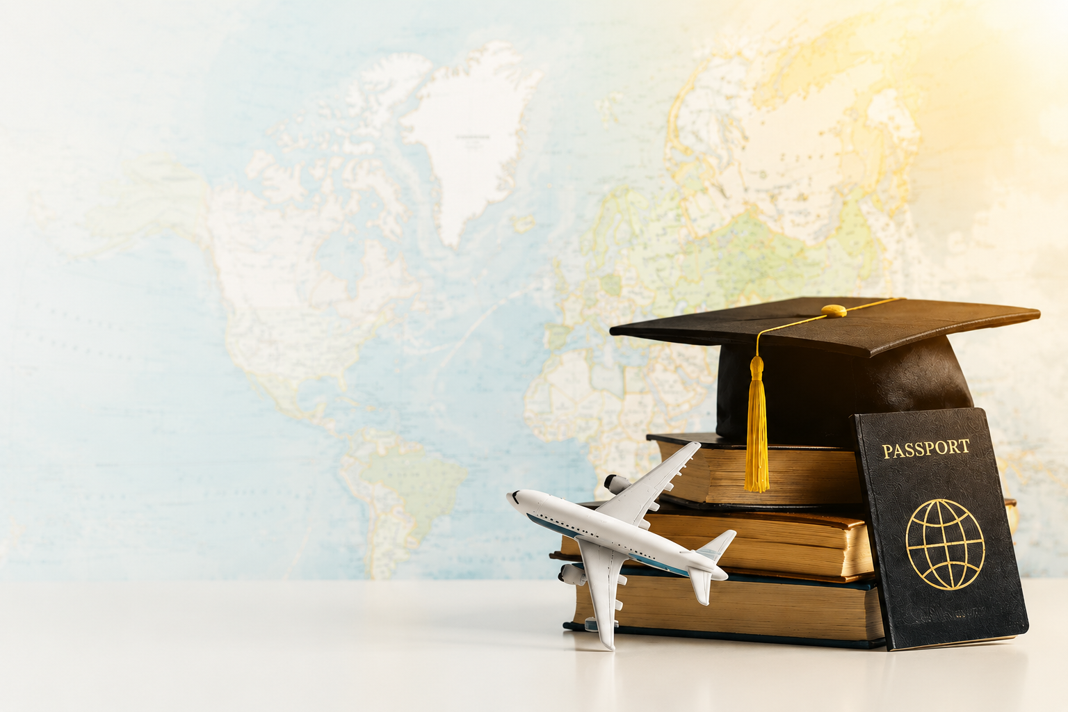 A graduation cap, stacked books, a passport and an airplane over a world map, representing studying abroad